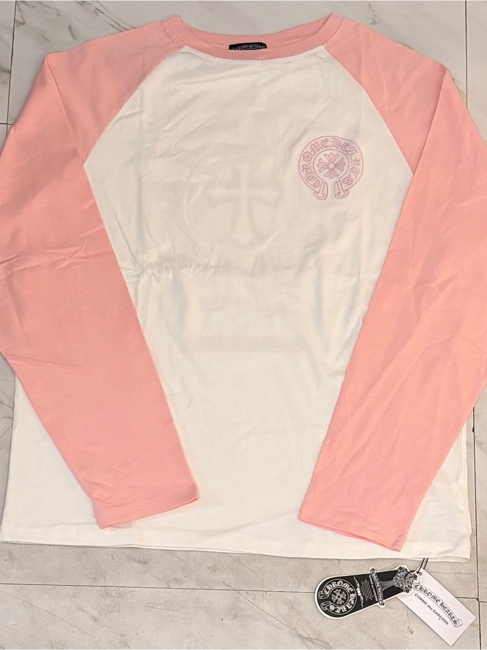 Chrome Hearts Kids White Tee with Pink Trim and Logo